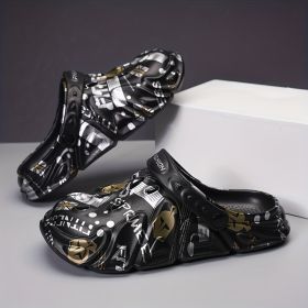 Men's Graffiti Print Lightweight Comfy Clogs; Hollow Out Non-Slip Garden Shoes; Summer (Color: Beige, size: 7.5-8)