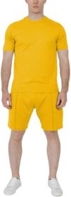 Men's Pure Color Casual Suits Loose Version Sport Suits Short Sleeve T-Shirt + Shorts Two Sets (Color: Yellow-XL)