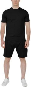 Men's Pure Color Casual Suits Loose Version Sport Suits Short Sleeve T-Shirt + Shorts Two Sets (Color: Black-S)