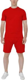 Men's Pure Color Casual Suits Loose Version Sport Suits Short Sleeve T-Shirt + Shorts Two Sets (Color: Red-XXL)