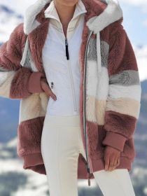 Autumn Winter S-8XL Plush Thick Coat Women Hooded Fleece Jacket with 2 Pockets Warm Loose Long Sleeves Stitching Street Campus (Color: Red, size: L)