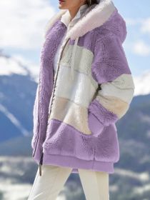Autumn Winter S-8XL Plush Thick Coat Women Hooded Fleece Jacket with 2 Pockets Warm Loose Long Sleeves Stitching Street Campus (Color: Purple, size: 6XL)
