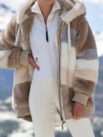 Autumn Winter S-8XL Plush Thick Coat Women Hooded Fleece Jacket with 2 Pockets Warm Loose Long Sleeves Stitching Street Campus (Color: Khaki, size: S)
