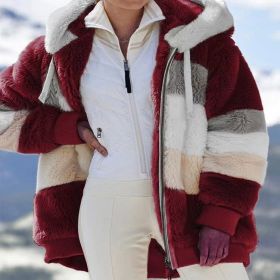 Autumn Winter S-8XL Plush Thick Coat Women Hooded Fleece Jacket with 2 Pockets Warm Loose Long Sleeves Stitching Street Campus (Color: Dark red, size: L)