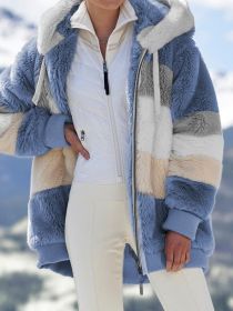 Autumn Winter S-8XL Plush Thick Coat Women Hooded Fleece Jacket with 2 Pockets Warm Loose Long Sleeves Stitching Street Campus (Color: Blue, size: 4XL)