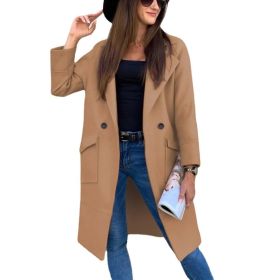 Spring Autumn Winter Midi Woolen Coat Women Solid Overcoat Long Sleeve Suit Collar Lapel Button Pockets Knee Length Streetwear (Color: Khaki, size: XXXL)