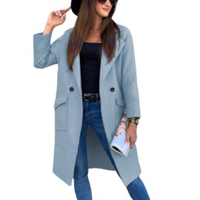 Spring Autumn Winter Midi Woolen Coat Women Solid Overcoat Long Sleeve Suit Collar Lapel Button Pockets Knee Length Streetwear (Color: Sky Blue, size: M)