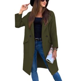 Spring Autumn Winter Midi Woolen Coat Women Solid Overcoat Long Sleeve Suit Collar Lapel Button Pockets Knee Length Streetwear (Color: Army Green, size: XXXL)