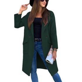 Spring Autumn Winter Midi Woolen Coat Women Solid Overcoat Long Sleeve Suit Collar Lapel Button Pockets Knee Length Streetwear (Color: Green, size: L)