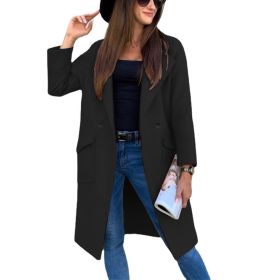 Spring Autumn Winter Midi Woolen Coat Women Solid Overcoat Long Sleeve Suit Collar Lapel Button Pockets Knee Length Streetwear (Color: Black, size: XXL)