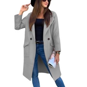 Spring Autumn Winter Midi Woolen Coat Women Solid Overcoat Long Sleeve Suit Collar Lapel Button Pockets Knee Length Streetwear (Color: Gray, size: M)
