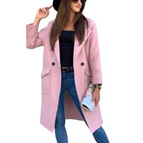 Spring Autumn Winter Midi Woolen Coat Women Solid Overcoat Long Sleeve Suit Collar Lapel Button Pockets Knee Length Streetwear (Color: Pink, size: XL)