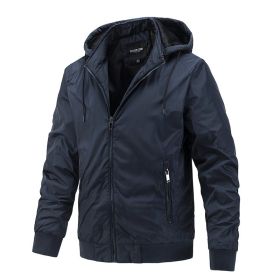 Men's Thin Quilted Jacket Detachable Hood Drawstring Casual Sport Coat Stand Collar Business Trend Fashion Spring Autumn Winter (Color: Dark blue, size: L)
