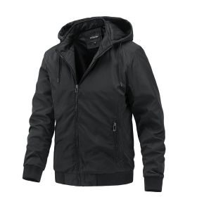 Men's Thin Quilted Jacket Detachable Hood Drawstring Casual Sport Coat Stand Collar Business Trend Fashion Spring Autumn Winter (Color: Black, size: XXL)