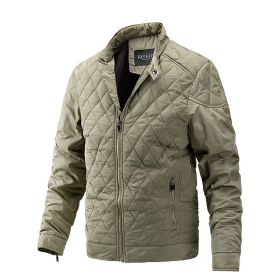 Men's Light Thin Quilted Jackets Vintage Casual Diamond Plaid Stand Collar Coats Regular Fit Fashion Trend Autumn Winter Spring (Color: Khaki, size: 4XL)