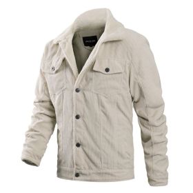 Winter New Men's Corduroy Plush Thick Jacket Vintage Outdoor Casual Fleece Warm Coat Lapel Fashion Trend Retro Brown Beige Black (Color: Beige, size: S)