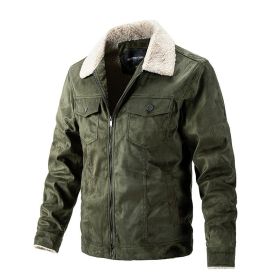 Autumn Winter New Men's Chamois Suede Fleece Thick Jacket Vintage Outdoor Casual Plush Warm Coat Lapel Fashion Trend Retro Brown (Color: Green, size: L)