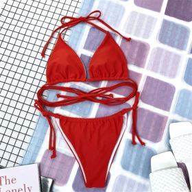 GNIM Sexy Brazilian Thong Bikini Mujer Swimwear Women 2019 Bandage Solid Swimsuit Micro Bikini Set Summer Beachwear Swim Suit (Color: Red, size: M)
