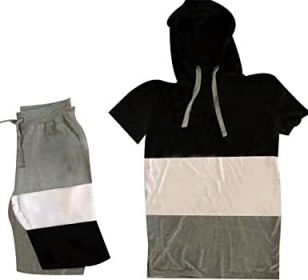 Men's Casual Stitching Color 2 Piece Short Sets Outfits Loose Hooded Short-Sleeved T-shirt + Shorts Siuts (Color: 06-L)