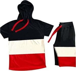 Men's Casual Stitching Color 2 Piece Short Sets Outfits Loose Hooded Short-Sleeved T-shirt + Shorts Siuts (Color: 03-XL)