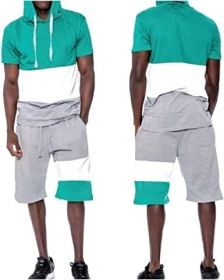 Men's Casual Stitching Color 2 Piece Short Sets Outfits Loose Hooded Short-Sleeved T-shirt + Shorts Siuts (Color: 04-L)