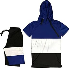 Men's Casual Stitching Color 2 Piece Short Sets Outfits Loose Hooded Short-Sleeved T-shirt + Shorts Siuts (Color: 05-L)