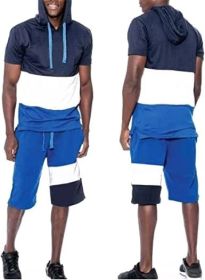 Men's Casual Stitching Color 2 Piece Short Sets Outfits Loose Hooded Short-Sleeved T-shirt + Shorts Siuts (Color: 02-XL)