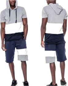 Men's Casual Stitching Color 2 Piece Short Sets Outfits Loose Hooded Short-Sleeved T-shirt + Shorts Siuts (Color: 01-L)
