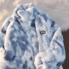 Tie Dye Woman Zipper Jacket Real Rabbit Fur Coat Real Fur Winter Clothes Women Long Sleeve Oversize Tops Streetwear Warm Jacket (Color: Blue, size: XXL)