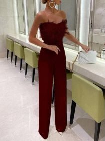 Spring Summer Long Jumpsuit New Women Elegant Sexy Trousers Belt Feather Tube Top Fashion Straight Pant White Black Party Office (Color: WINE RED, size: M)