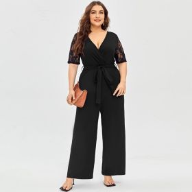 Jumpsuit Lace Short Sleeve Plus Size Women Formal Dress Office Sale Sexy V Neck Belt Rompers Spring Summer Autumn High Quality (Color: Black, size: XXL)