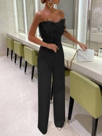 Spring Summer Long Jumpsuit New Women Elegant Sexy Trousers Belt Feather Tube Top Fashion Straight Pant White Black Party Office (Color: Black, size: M)