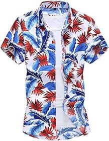 Men's Fashion Print Shirts Casual Lapel Short Sleeve T-Shirts Cotton Button-Up Shirts (Color: C2-3XL)