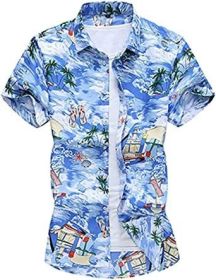 Men's Fashion Print Shirts Casual Lapel Short Sleeve T-Shirts Cotton Button-Up Shirts (Color: C5-L)