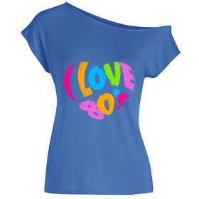 2022 summer I love 80's letter love print diagonal collar off shoulder sexy irregular T-shirt (Color: Light Blue, size: L)
