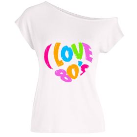 2022 summer I love 80's letter love print diagonal collar off shoulder sexy irregular T-shirt (Color: White, size: XXL)
