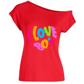 2022 summer I love 80's letter love print diagonal collar off shoulder sexy irregular T-shirt (Color: Red, size: S)