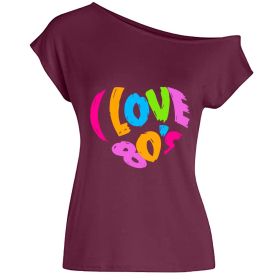 2022 summer I love 80's letter love print diagonal collar off shoulder sexy irregular T-shirt (Color: Wine, size: S)