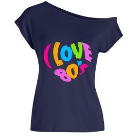 2022 summer I love 80's letter love print diagonal collar off shoulder sexy irregular T-shirt (Color: Navy Blue, size: XL)