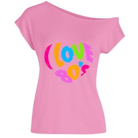 2022 summer I love 80's letter love print diagonal collar off shoulder sexy irregular T-shirt (Color: Light Pink, size: XXL)