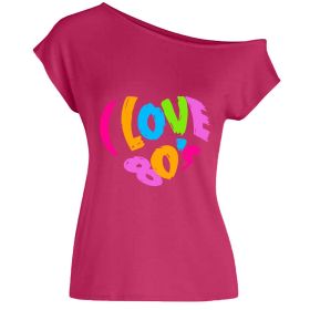 2022 summer I love 80's letter love print diagonal collar off shoulder sexy irregular T-shirt (Color: Light Red, size: L)