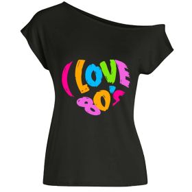2022 summer I love 80's letter love print diagonal collar off shoulder sexy irregular T-shirt (Color: Black, size: XXL)