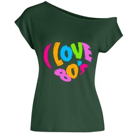 2022 summer I love 80's letter love print diagonal collar off shoulder sexy irregular T-shirt (Color: Green, size: 5XL)