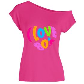 2022 summer I love 80's letter love print diagonal collar off shoulder sexy irregular T-shirt (Color: Pink, size: XXL)