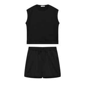 2022 summer solid loose bat short sleeve T-shirt shorts sportswear suit women's wear (Color: Black, size: S)