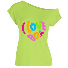 2022 summer I love 80's letter love print diagonal collar off shoulder sexy irregular T-shirt (Color: Fluorescent Green, size: XL)