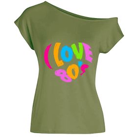 2022 summer I love 80's letter love print diagonal collar off shoulder sexy irregular T-shirt (Color: Army Green, size: XL)