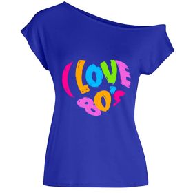 2022 summer I love 80's letter love print diagonal collar off shoulder sexy irregular T-shirt (Color: Blue, size: M)