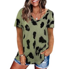 Women's style 2022 summer new leopard print top loose casual V-neck short sleeve T-shirt women (Color: Army Green, size: L)