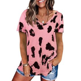 Women's style 2022 summer new leopard print top loose casual V-neck short sleeve T-shirt women (Color: Pink, size: XXL)